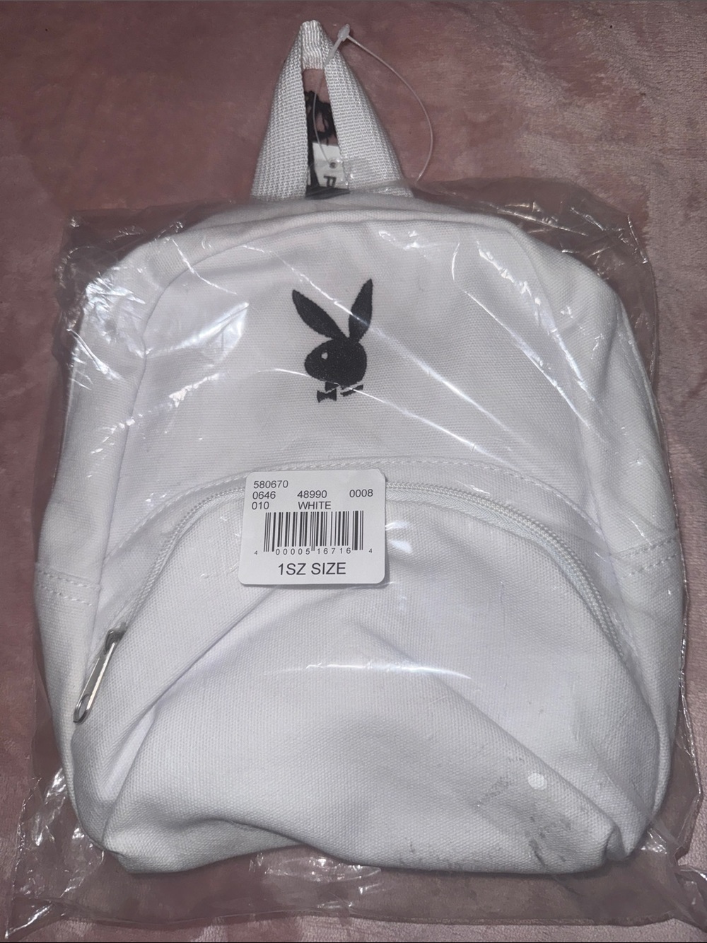 Damaged AS IS price firm PLAYBOY White Mini Backpack with Black Bunny Logo